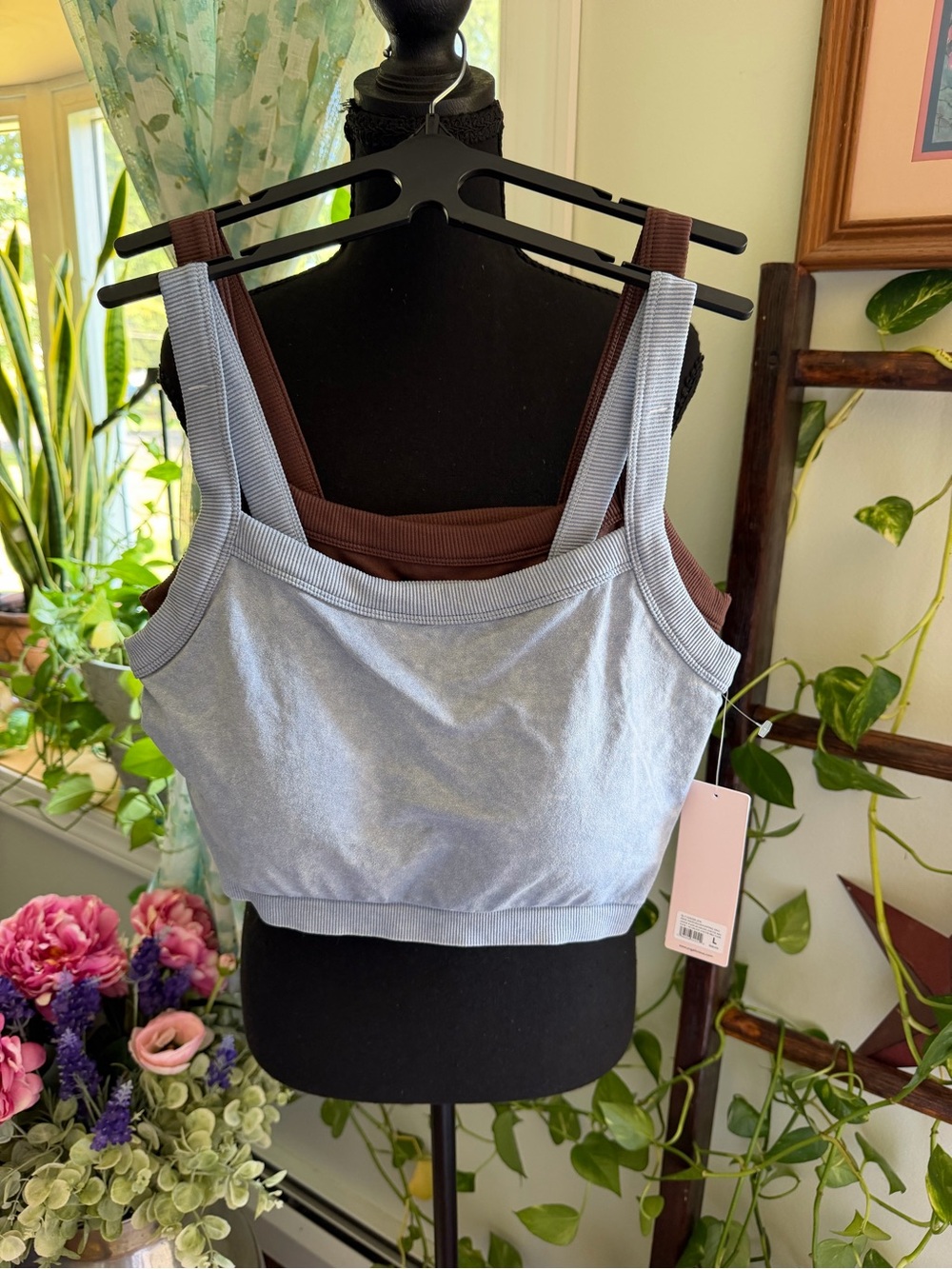 Ribbed Scoop-Neck Crop Top - Light Blue Built in Bra 2 Pack
